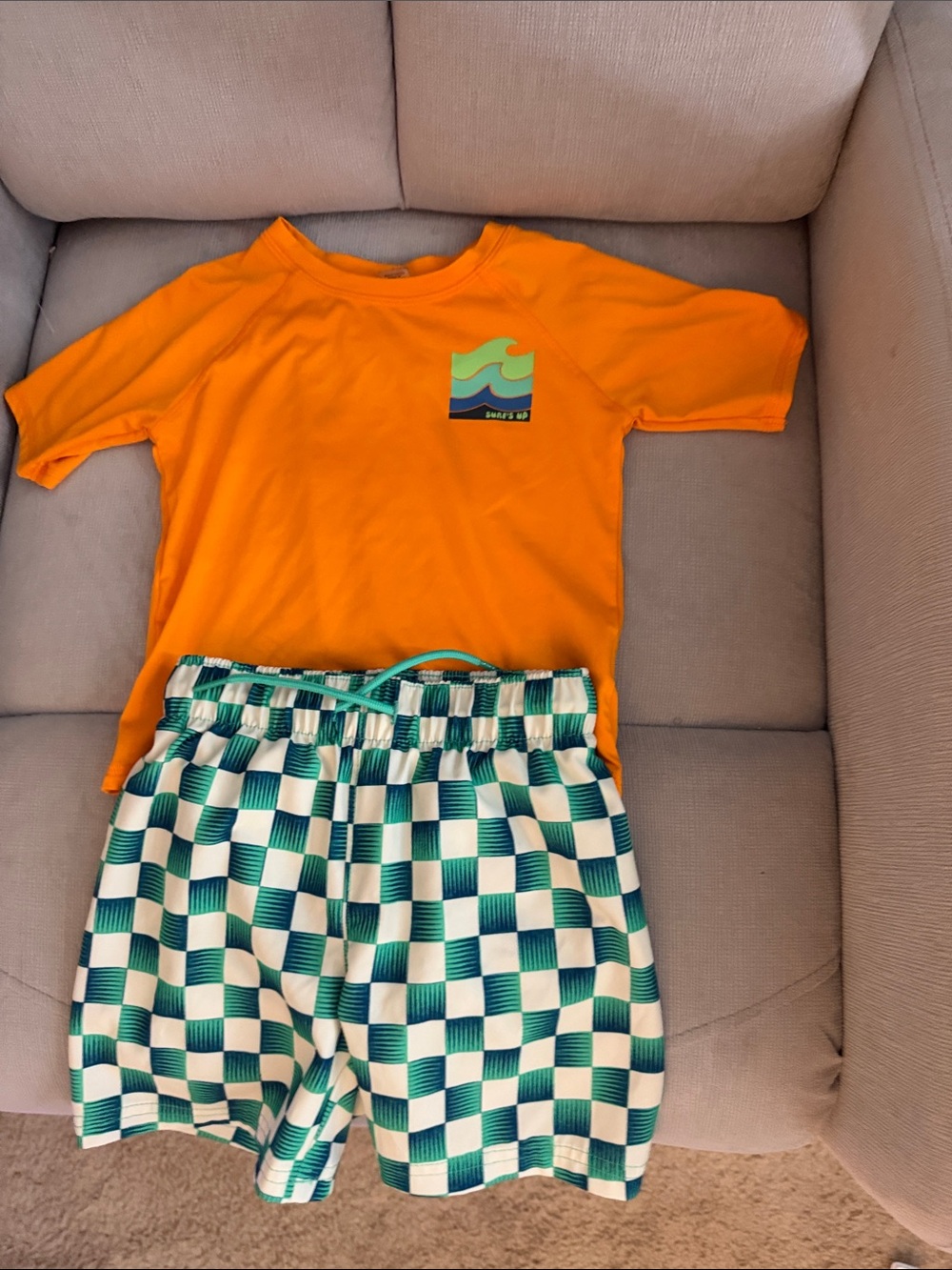 Bright Orange Wave Tee with Green Check Swim Shorts